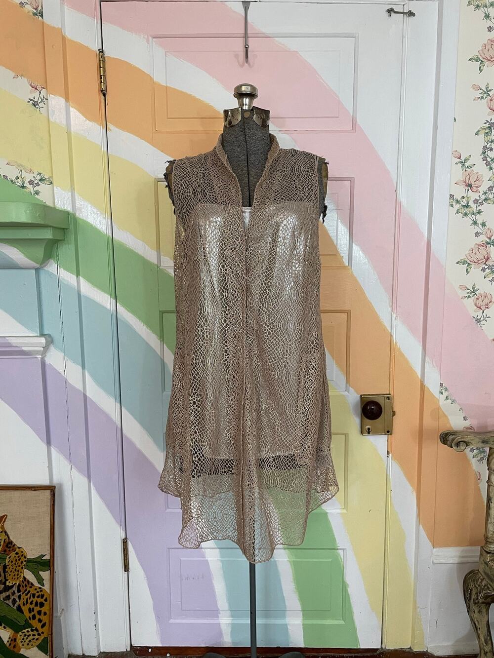 Akris US 10 Silk Lace Tunic Top Metallic Camisole Champagne Sheer Luxury